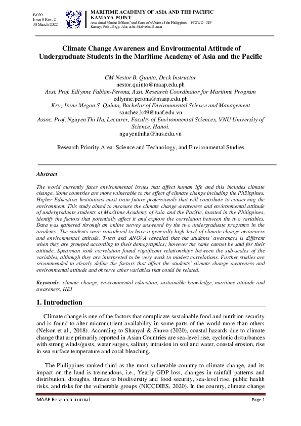 (PDF) Climate Change Awareness and Environmental Attitude of ...