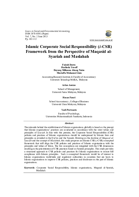(PDF) Islamic Corporate Social Responsibility (i-CSR) Framework from ...
