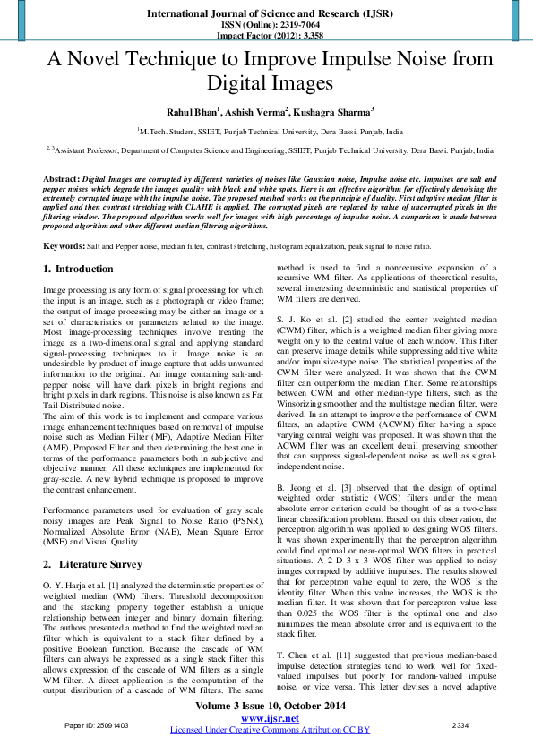 (PDF) A Novel Technique to Improve Impulse Noise from Digital Images