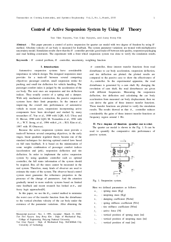 (PDF) Control of Active Suspension System by Using H8Theory