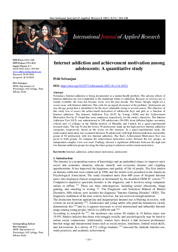 (PDF) Internet addiction and achievement motivation among adolescents ...