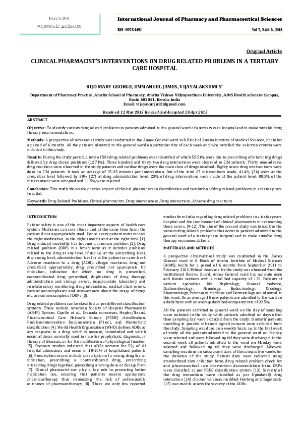 (PDF) CLINICAL PHARMACIST'S INTERVENTIONS ON DRUG RELATED PROBLEMS IN A ...