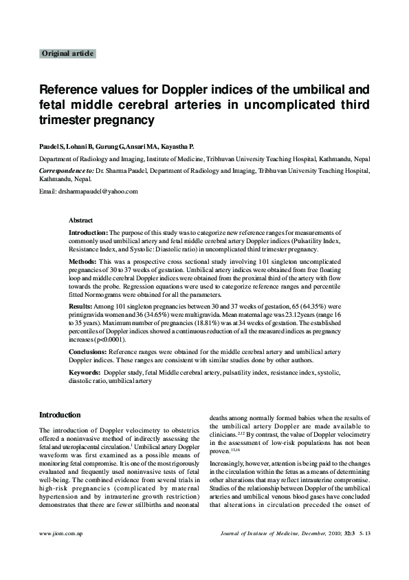 (PDF) Reference values for Doppler indices of the umbilical and fetal ...