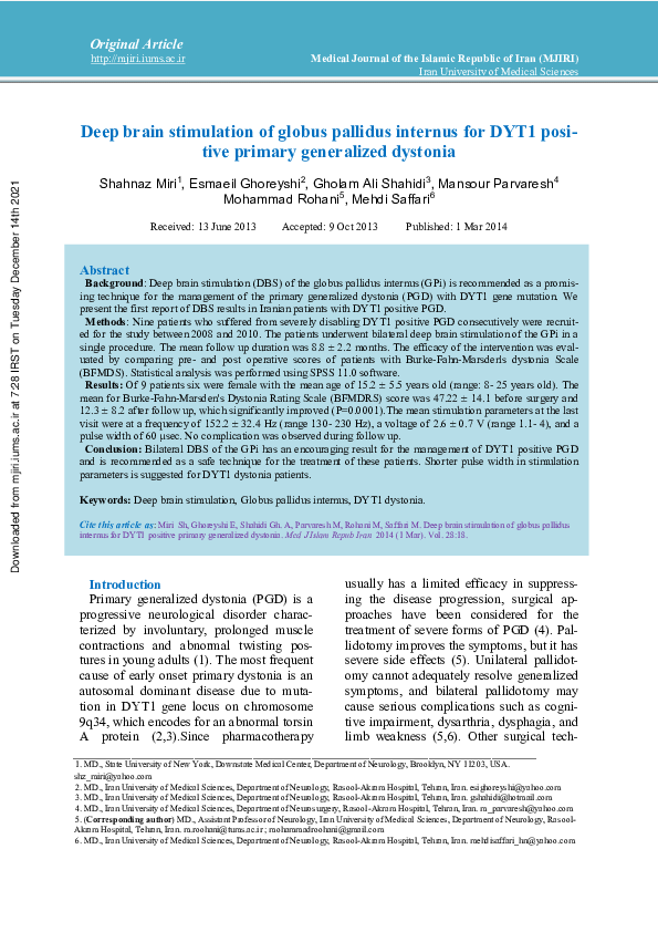 (PDF) Deep brain stimulation of globus pallidus internus for DYT1 ...