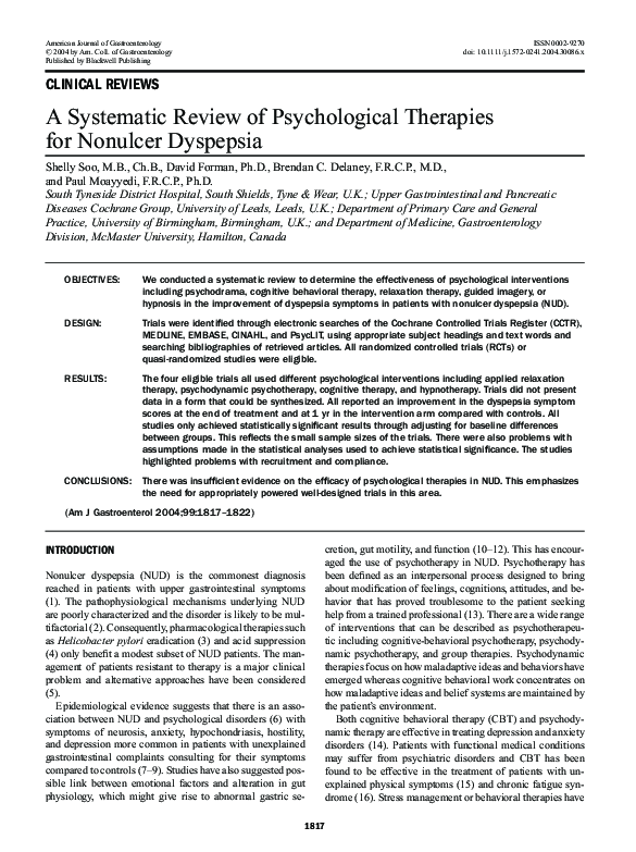 (PDF) A Systematic Review of Psychological Therapies for Nonulcer Dyspepsia