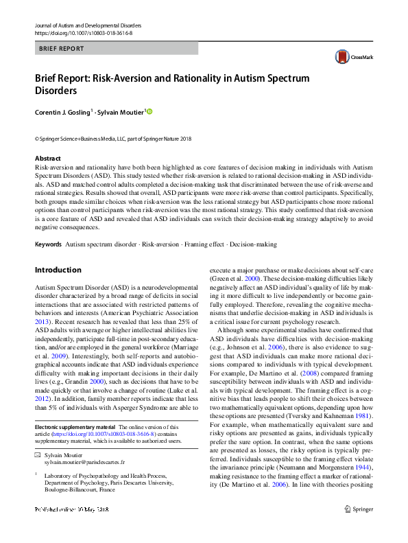 (PDF) Brief Report: Risk-Aversion and Rationality in Autism Spectrum ...