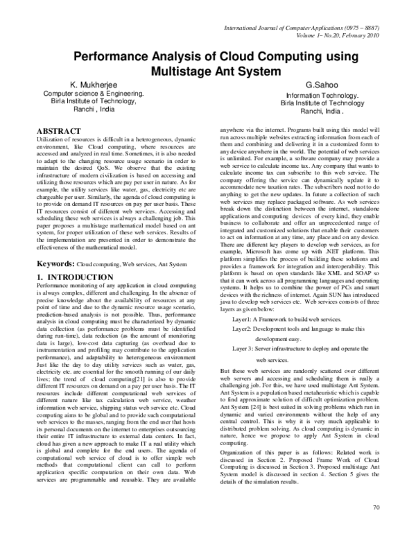 (PDF) Performance Analysis of Cloud Computing using Multistage Ant System