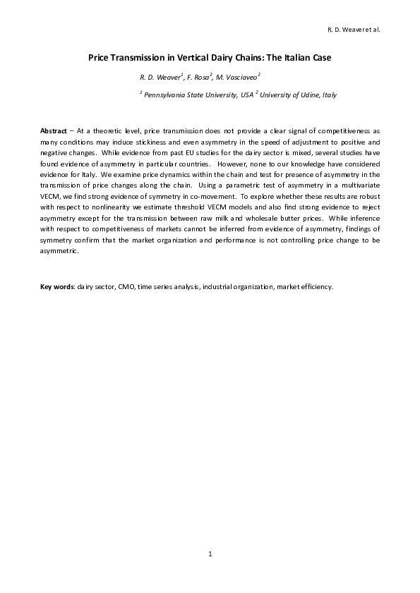 (PDF) Price Transmission in Vertical Dairy Chains: The Italian Case