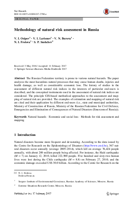 (PDF) Methodology of natural risk assessment in Russia