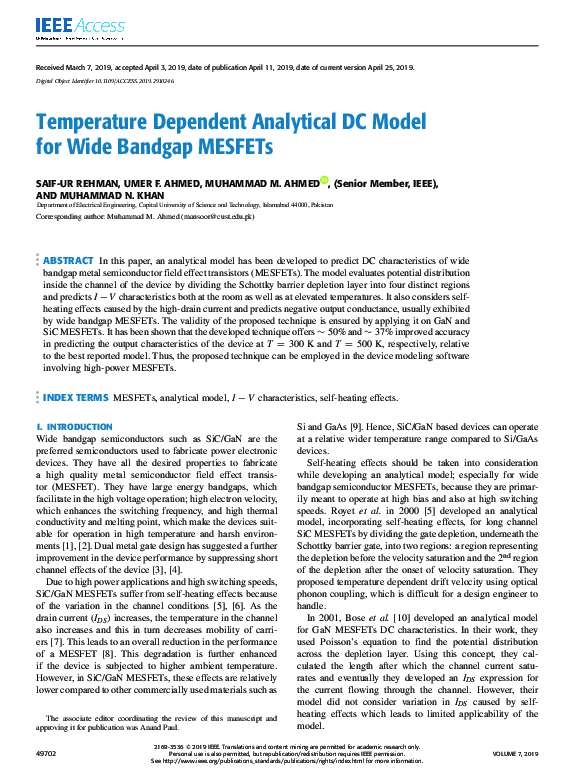 (PDF) Temperature Dependent Analytical DC Model for Wide Bandgap MESFETs