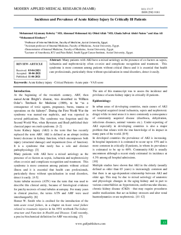 (PDF) Incidence and Prevalence of Acute Kidney Injury In Critically Ill ...
