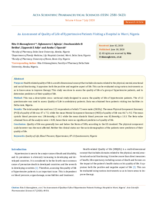 (PDF) An Assessment of Quality of Life of Hypertensive Patients ...