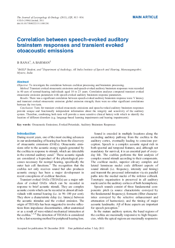 (PDF) Correlation between speech-evoked auditory brainstem responses ...
