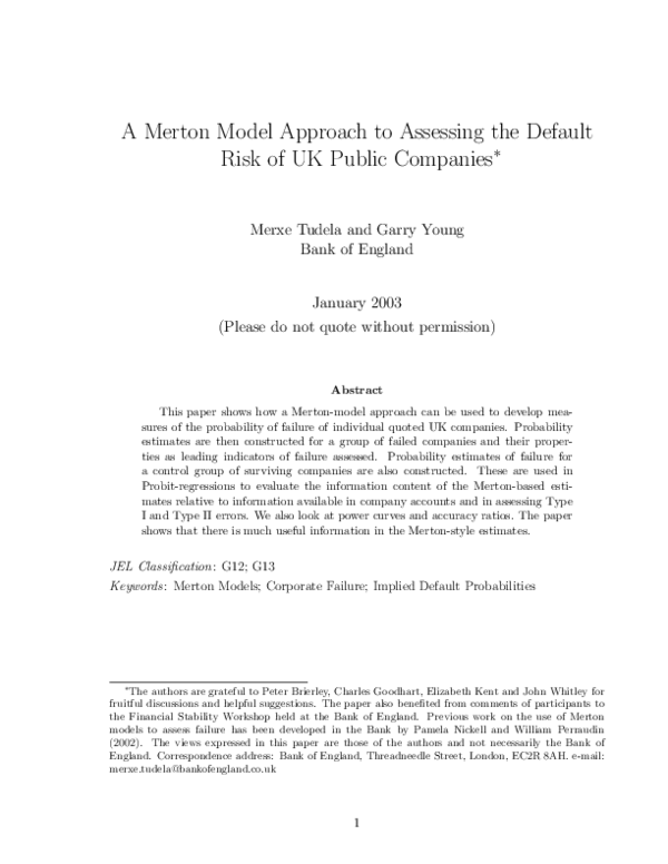 (PDF) A Merton-Model Approach to Assessing the Default Risk of Uk ...