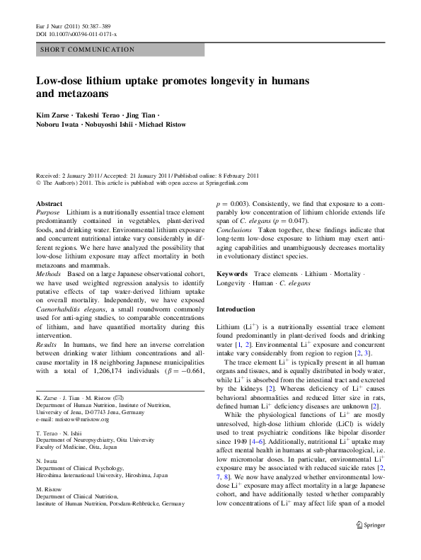 (PDF) Low-dose lithium uptake promotes longevity in humans and metazoans
