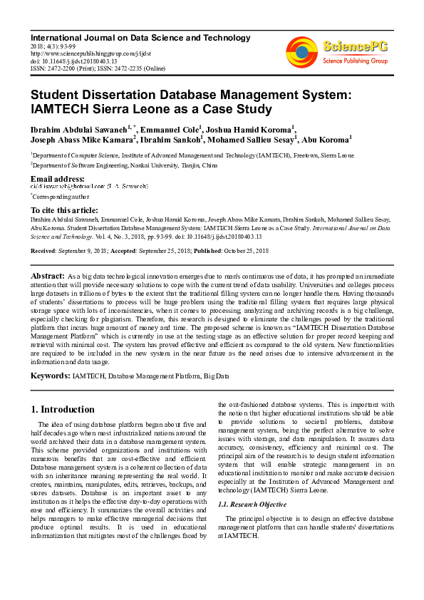 (PDF) Student Dissertation Database Management System: IAMTECH Sierra ...