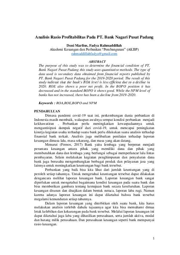 (PDF) Analisis Rasio Profitabilitas Pada PT. Bank Nagari Pusat Padang