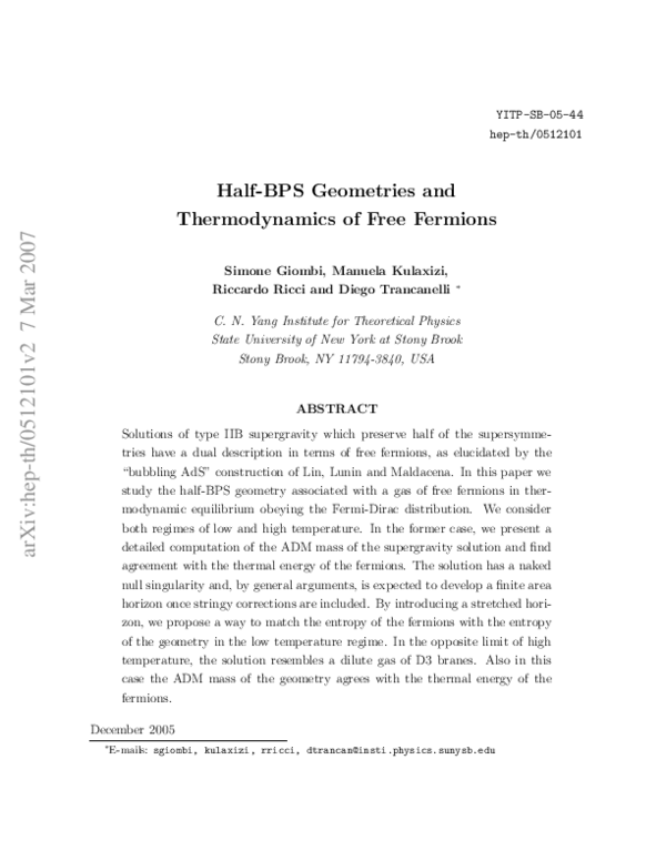 (PDF) Half-BPS geometries and thermodynamics of free fermions