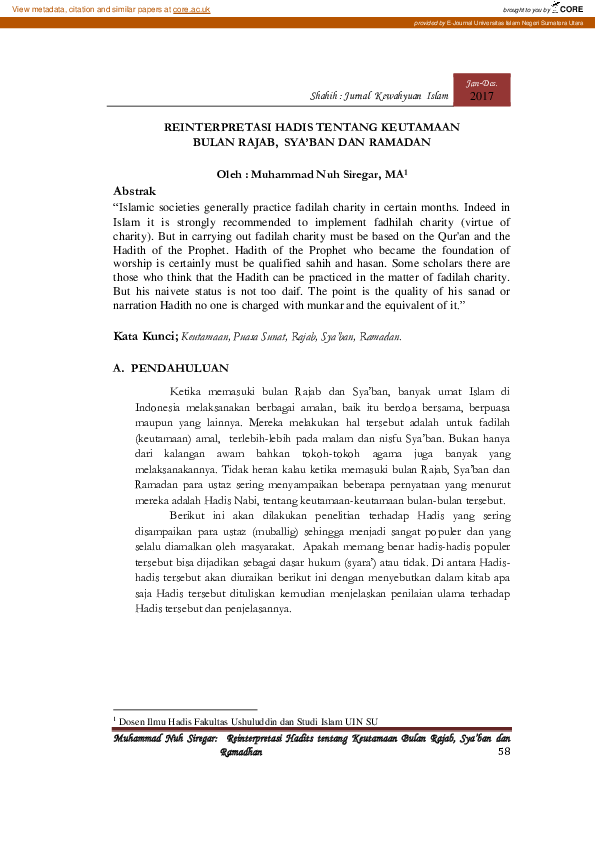 (PDF) Reinterpretasi Hadis Tentang Keutamaan Bulan Rajab, Sya’Ban Dan ...