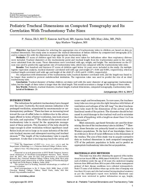 (PDF) Pediatric tracheal dimensions on computed tomography and its ...