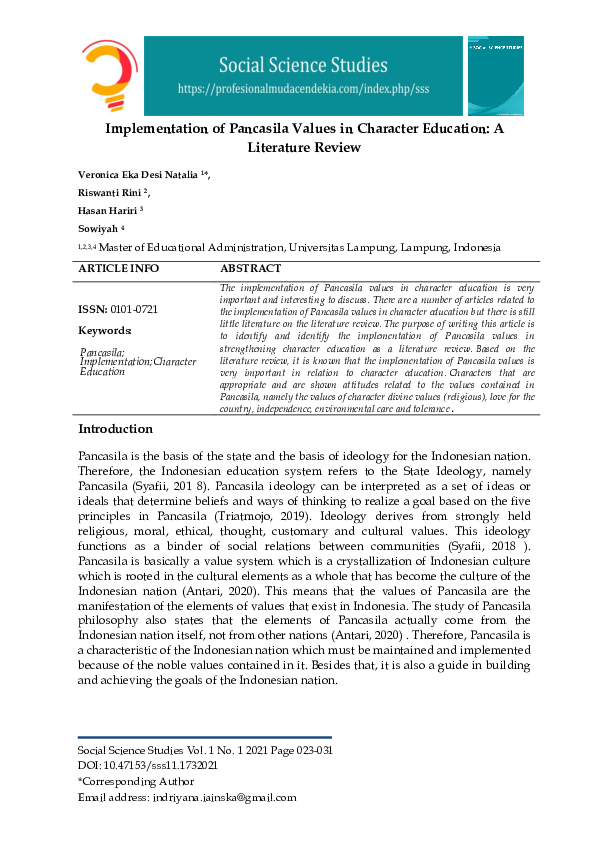 (PDF) the Implementation of Pancasila Values in Character Education