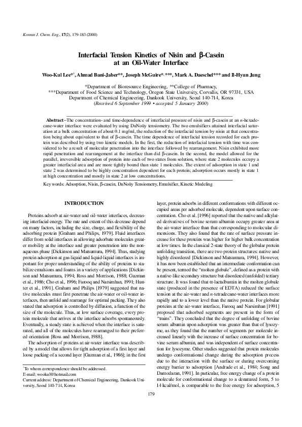 Interfacial tension kinetics of nisin and β-Casein at an oil-water interface