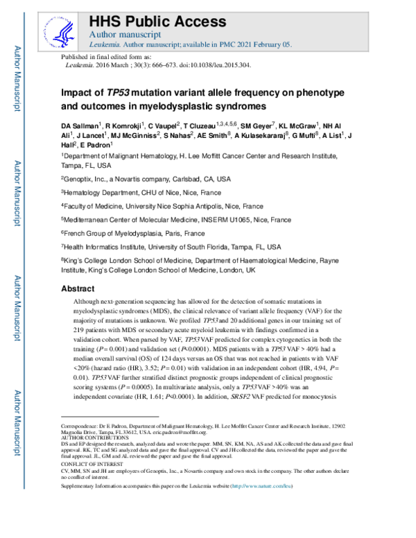 (PDF) Impact of TP53 mutation variant allele frequency on phenotype and ...