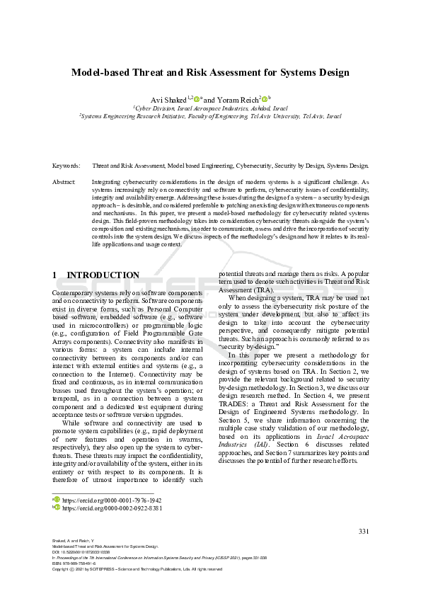 (PDF) Model-based Threat and Risk Assessment for Systems Design