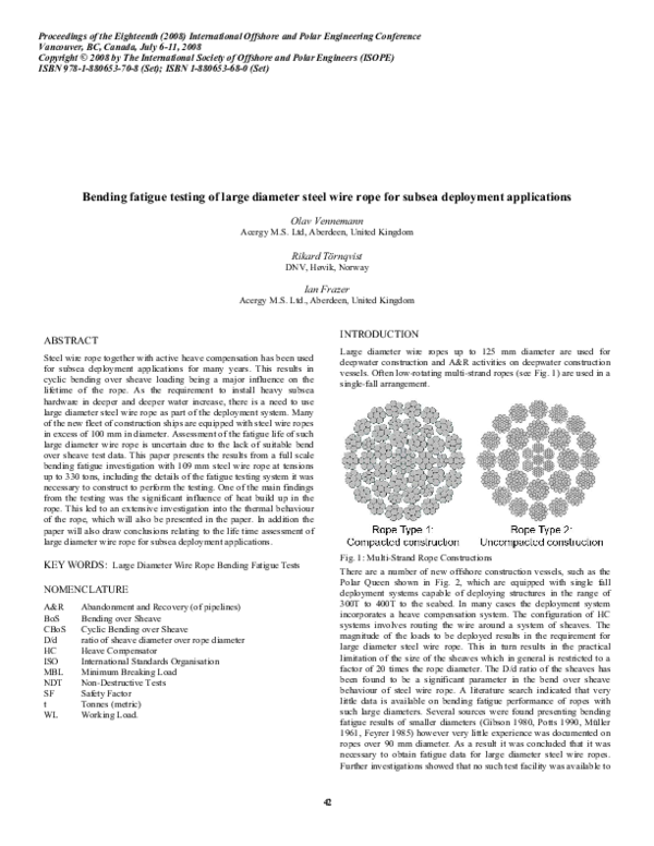 (PDF) Bending Fatigue Testing of Large Diameter Steel Wire Rope For ...