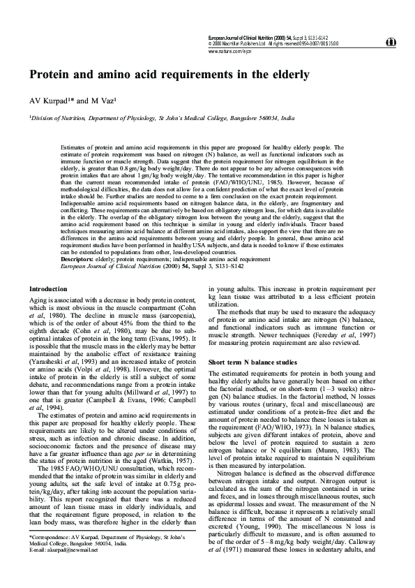 (PDF) Protein and amino acid requirements in the elderly