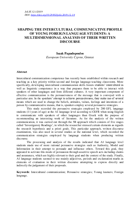 (PDF) SHAPING THE INTERCULTURAL COMMUNICATIVE PROFILE OF YOUNG FOREIGN ...