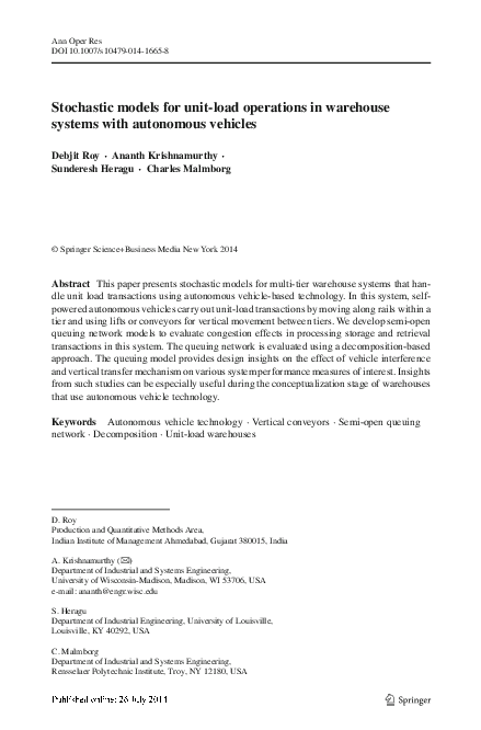 (PDF) Stochastic models for unit-load operations in warehouse systems ...