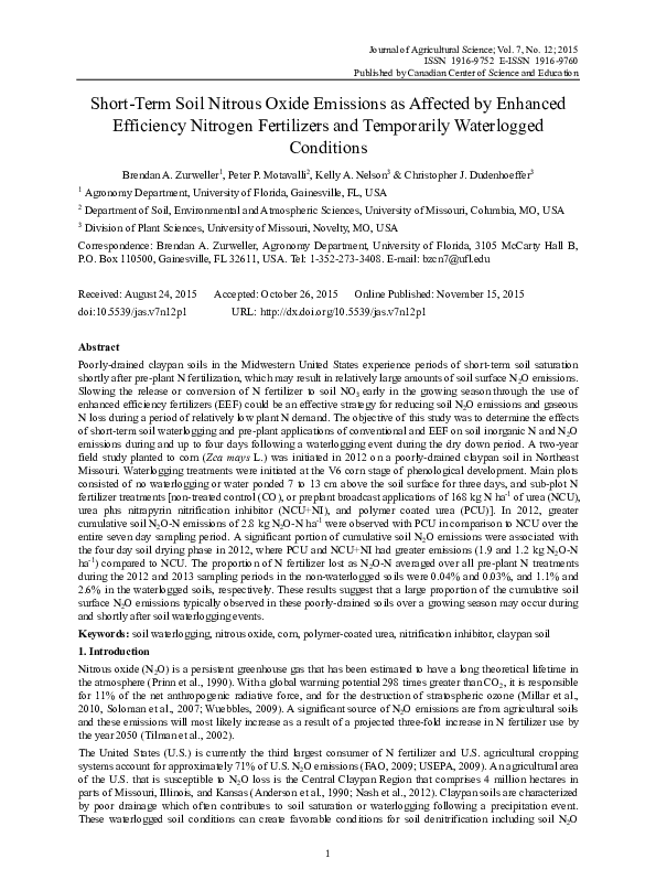 (PDF) Short-Term Soil Nitrous Oxide Emissions as Affected by Enhanced ...