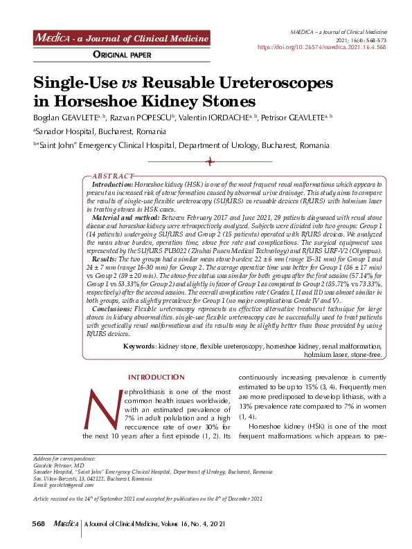 (PDF) Single-Use vs Reusable Ureteroscopes in Horseshoe Kidney Stones