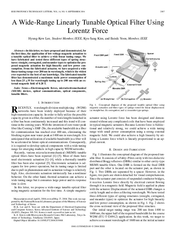 (PDF) A Wide-Range Linearly Tunable Optical Filter Using Lorentz Force