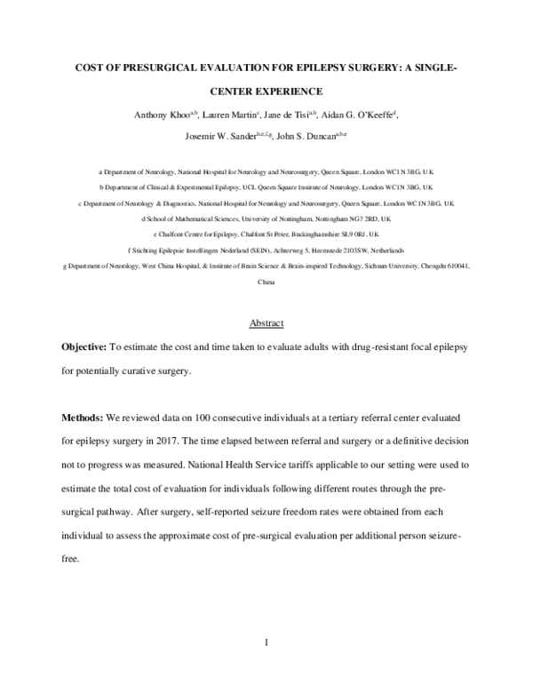 (PDF) Cost of pre-surgical evaluation for epilepsy surgery: A single ...