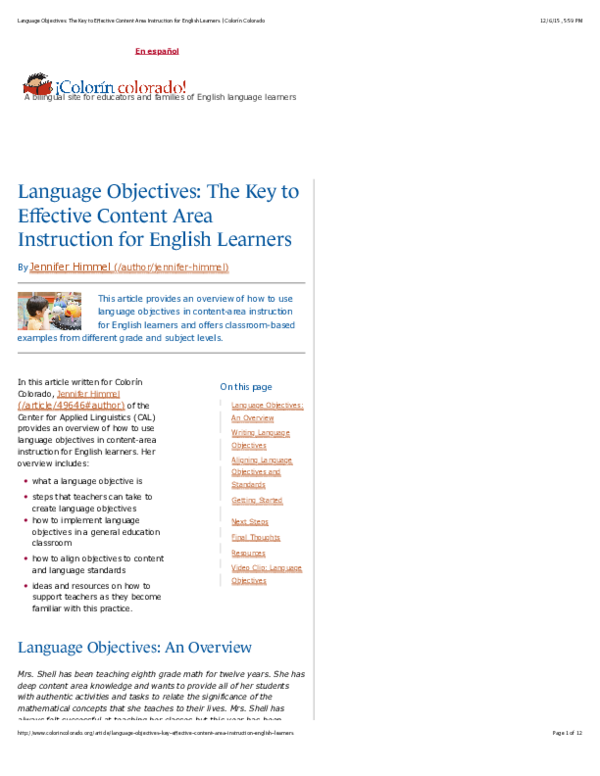 (PDF) Language Objectives: The Key to Effective Content Area ...