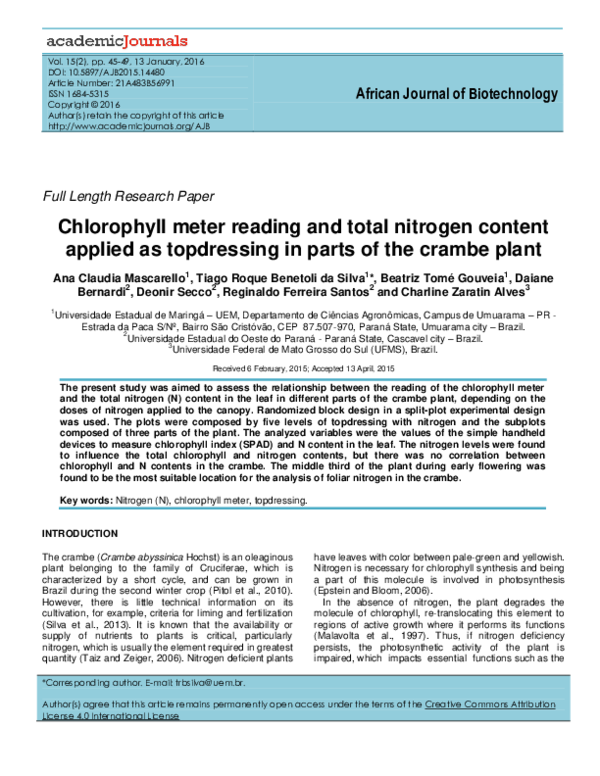(PDF) Chlorophyll meter reading and total nitrogen content applied as ...