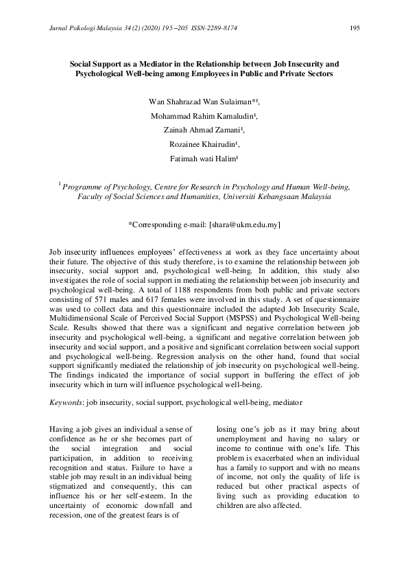 (PDF) Social Support as a Mediator in the Relationship between Job ...