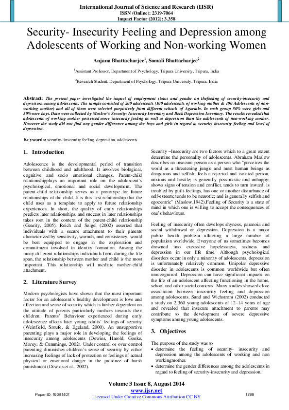 (PDF) Security- Insecurity Feeling and Depression among Adolescents of ...