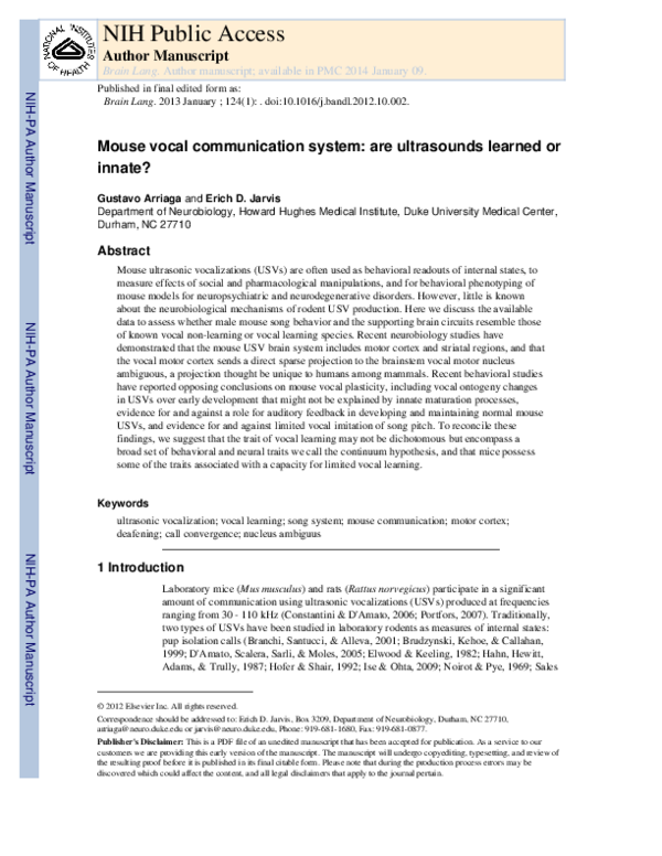 (PDF) Mouse vocal communication system: Are ultrasounds learned or innate?