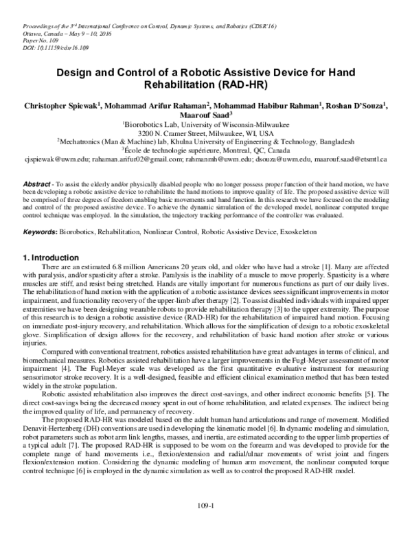 (PDF) Design and Control of a Robotic Assistive Device for Hand ...