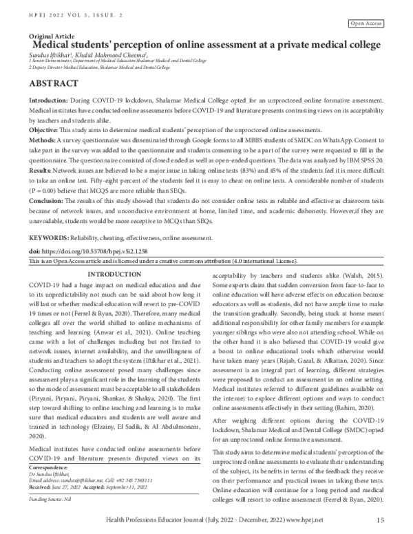 (PDF) Medical students' perception of online assessment at a private ...