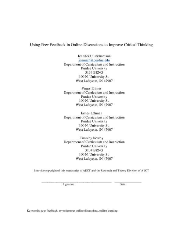 (PDF) Using peer feedback in online discussions to improve critical ...