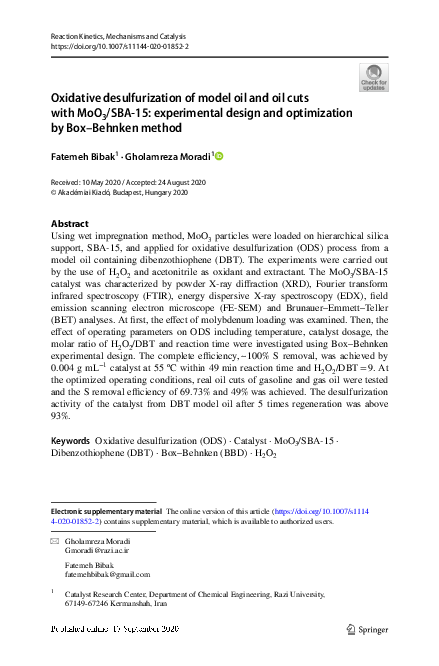 (PDF) Oxidative desulfurization of model oil and oil cuts with MoO3/SBA ...