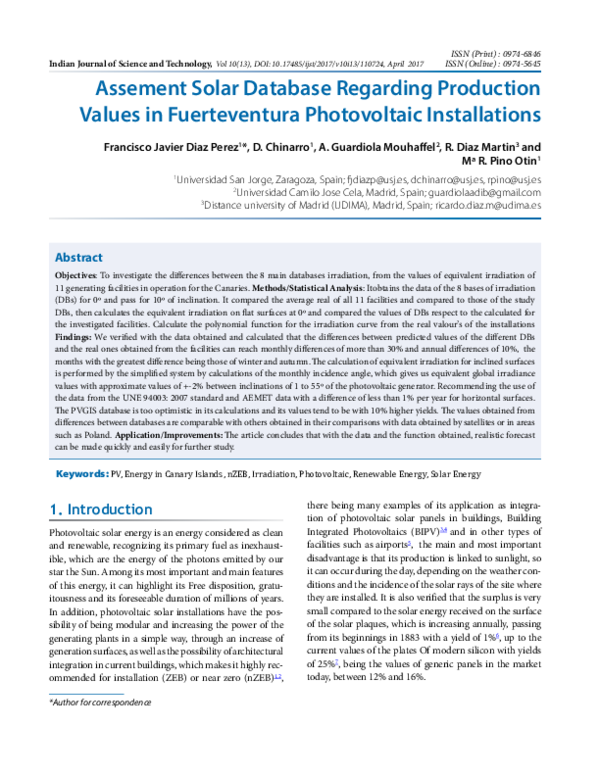 (PDF) Assement Solar Database Regarding Production Values in ...