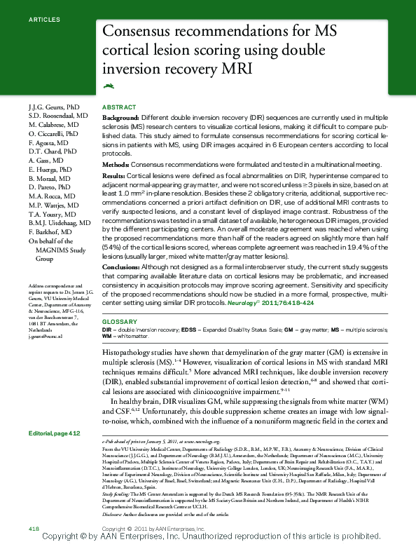 (PDF) Consensus recommendations for MS cortical lesion scoring using ...