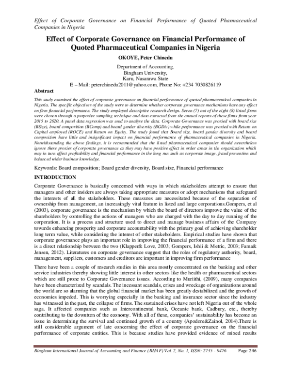 (PDF) Effect of Corporate Governance on Financial Performance of Quoted ...