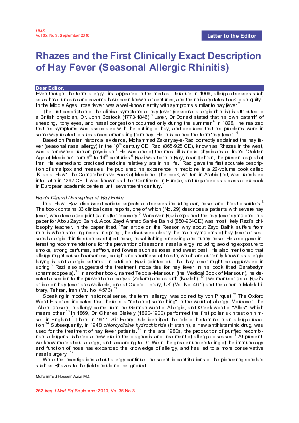 (PDF) Rhazes and the First Clinically Exact Description of Hay Fever ...