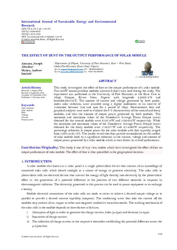 (PDF) The Effect of Dust on the Output Performance of Solar Module